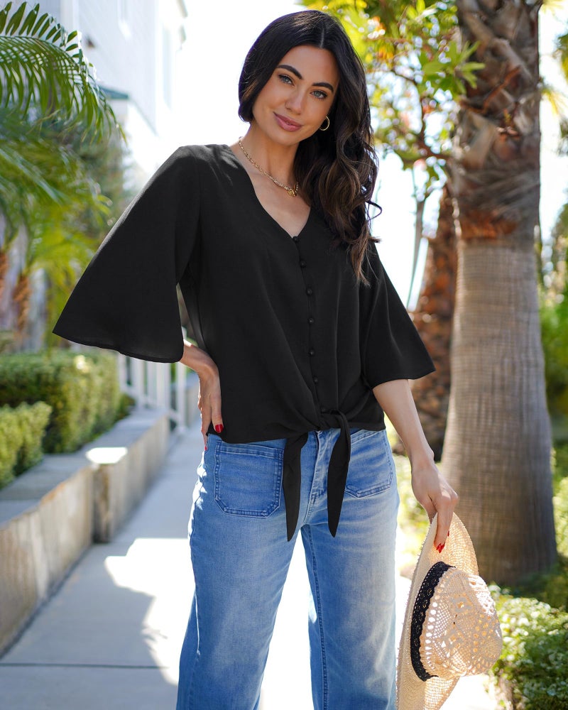 luvamia Women's V Neck Tops Ruffle 3/4 Sleeve Tie Knot Blouses Button Down Shirts, Black Button Down Size S - Image 5